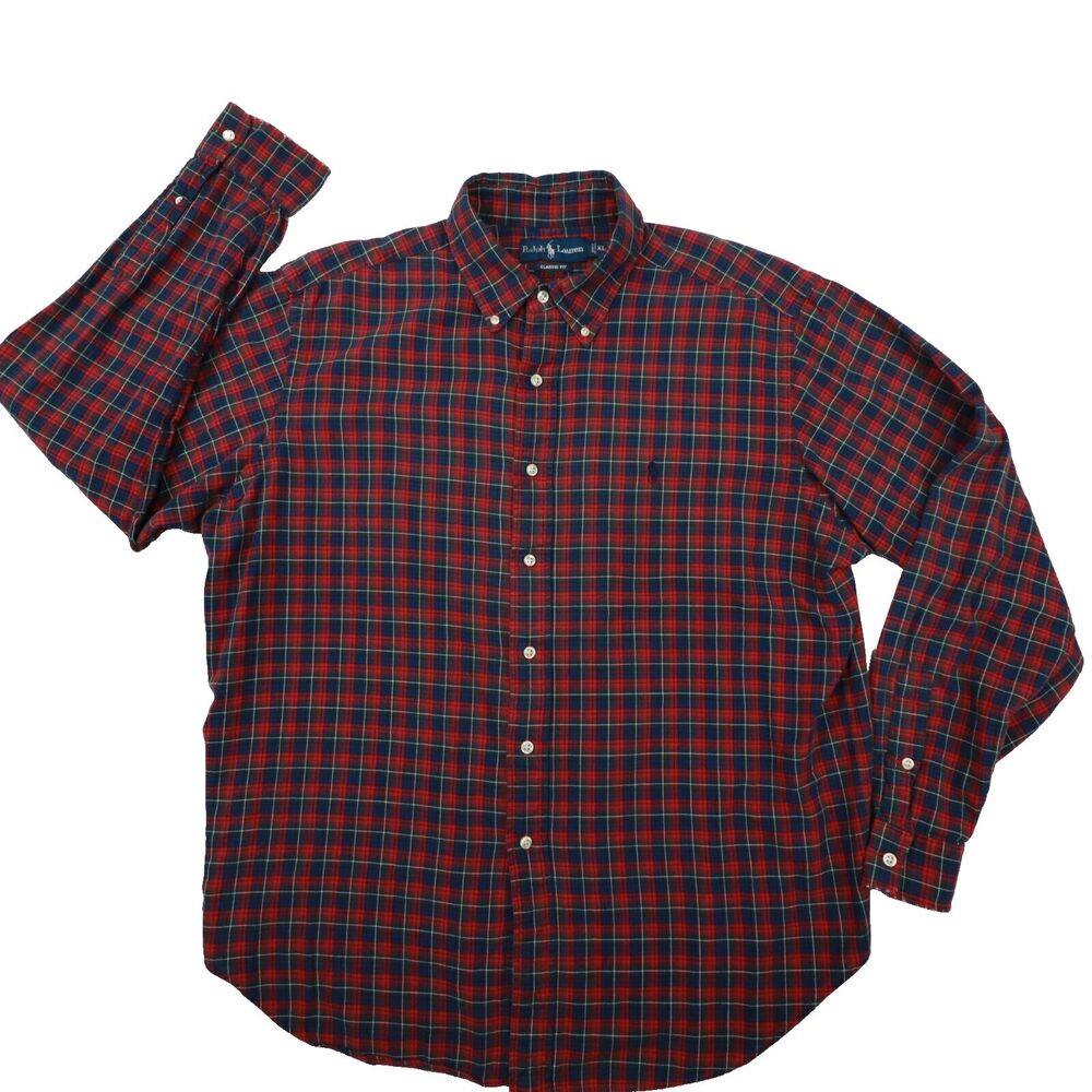 Ralph Lauren Vintage‎ Men's Classic Fit Red Blue Plaid Button Up Shirt size XL